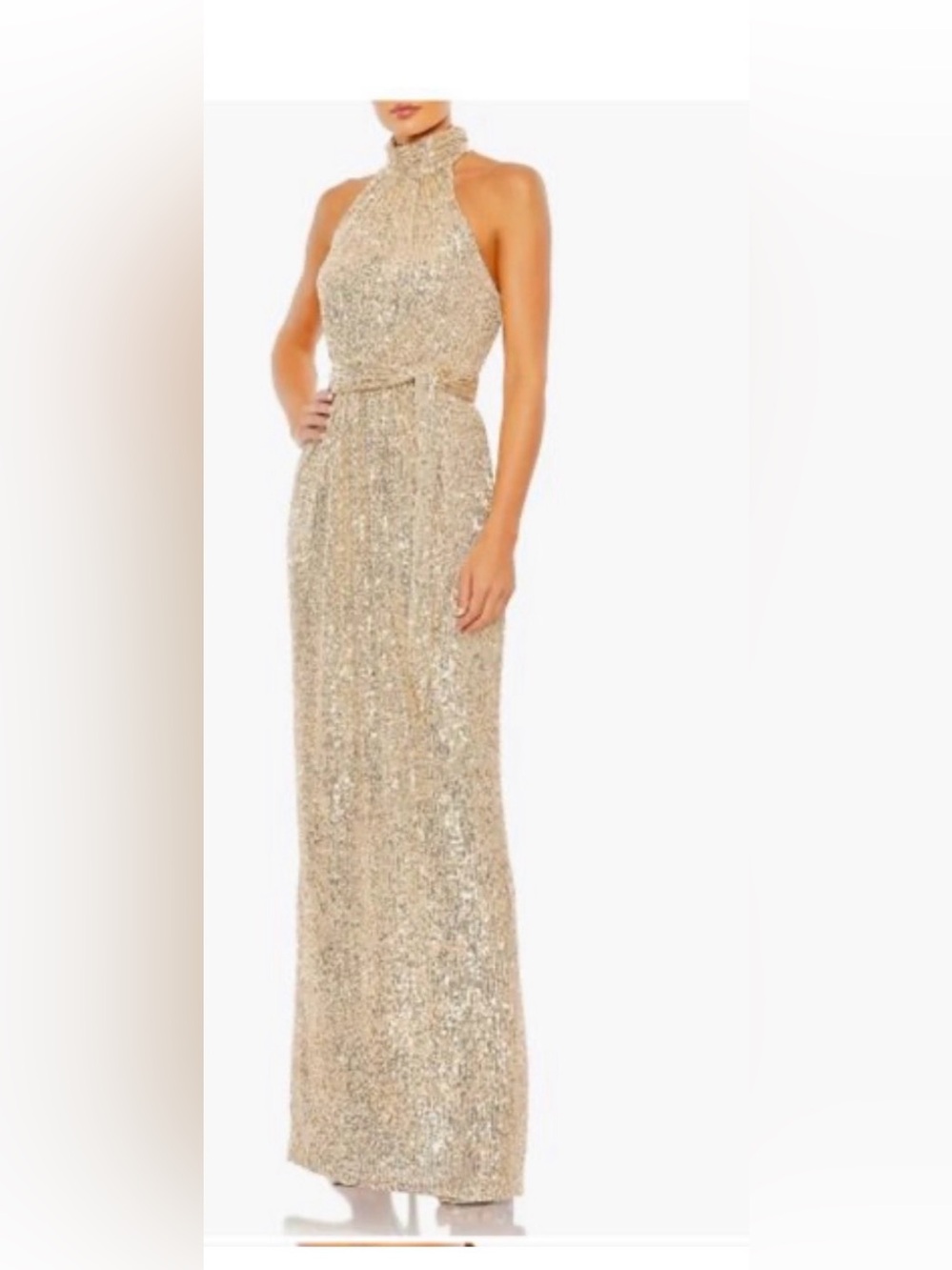 Mac Duggal Gold Sequin High-Neck Cutout Maxi Gown